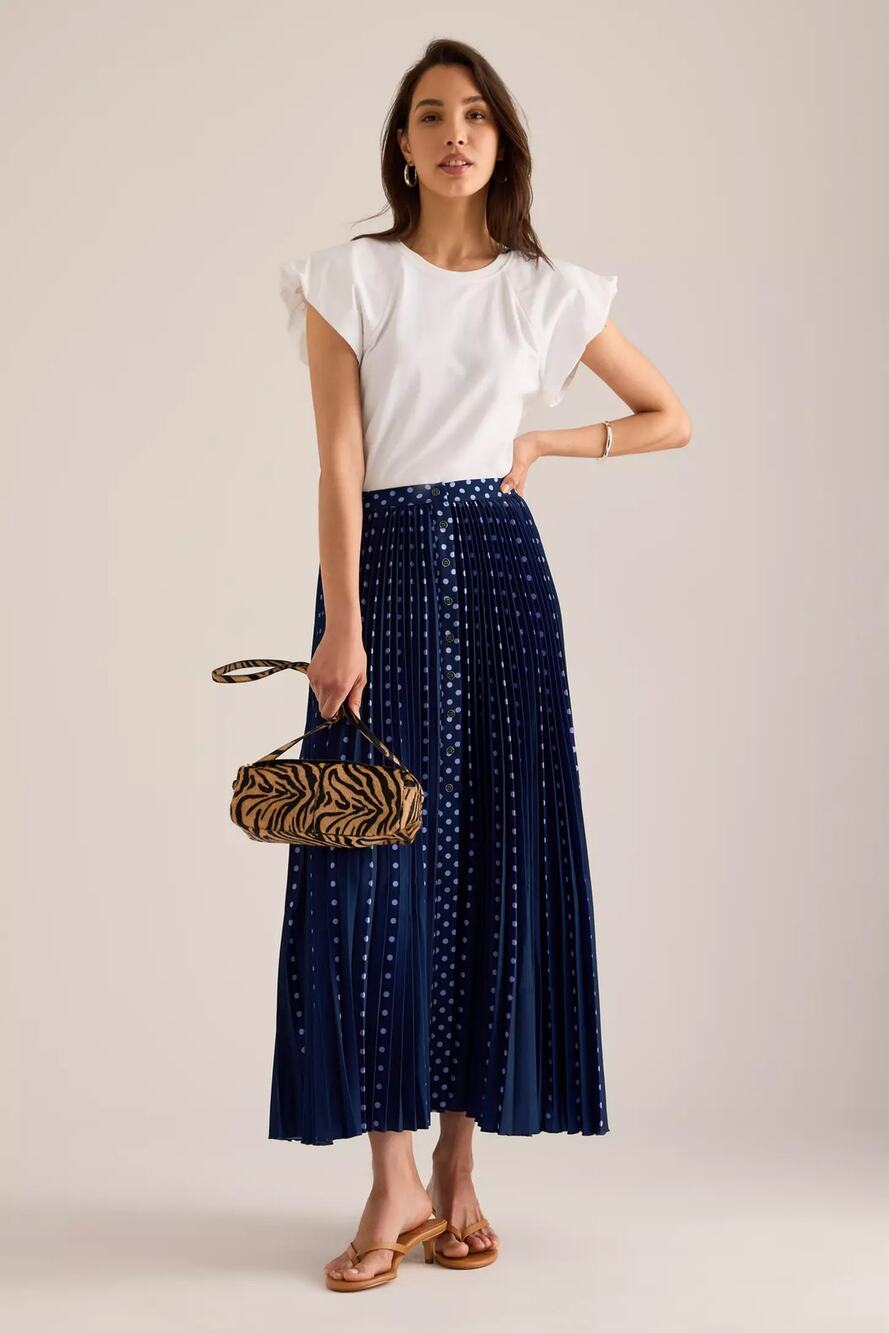 nwt ANTHROPOLOGIE MAEVE sz XL Pleated Button Front Maxi Skirt navy polka dots